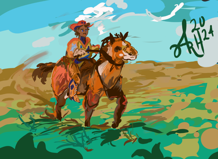 Cowboy riding on a pony through a vast plains