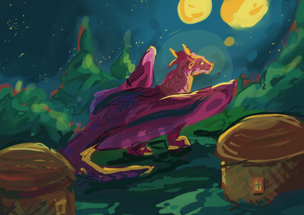Magenta colored dragon staring up at the stars.
